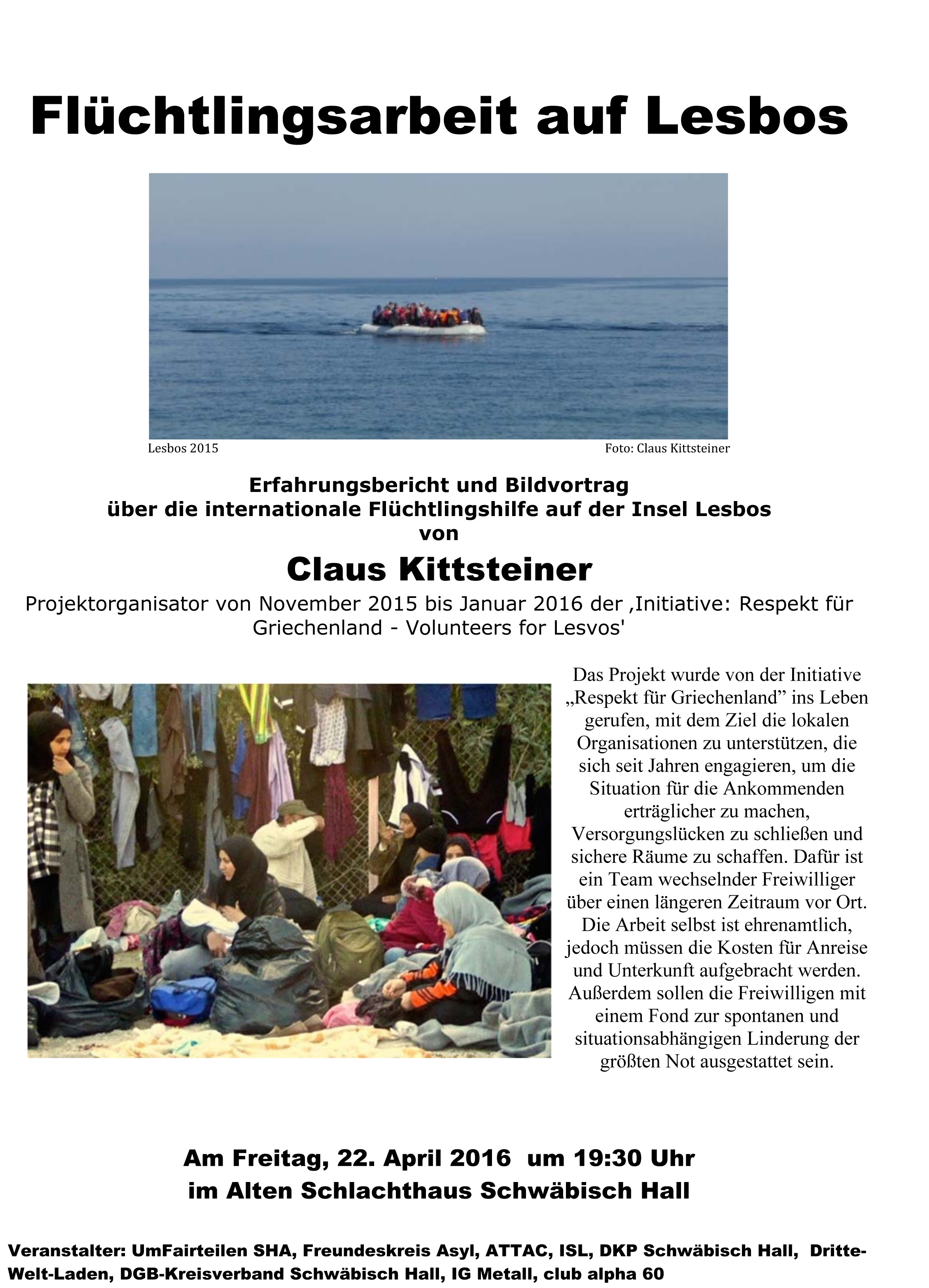 Freitag, 22.4.2016: Vortrag zur Flüchtlingsarbeit auf Lesbos